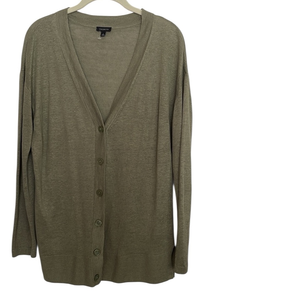 Talbots 100% Linen V Neck Green Button Cardigan Timeless Size S